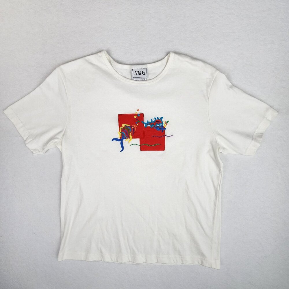 Nikki Womens Embroidered Fish Top Size L White with Multicolored Fish